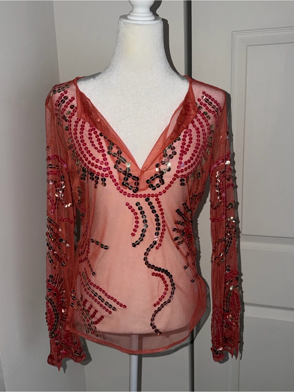 Heart Moon Star Coral Sheer V-Neck Embellished Blouse